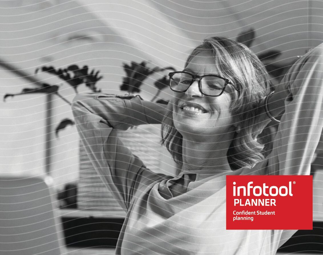 Kvinna som lutar sig tillbaka nöjd vid skrivbordet – Infotool Planner