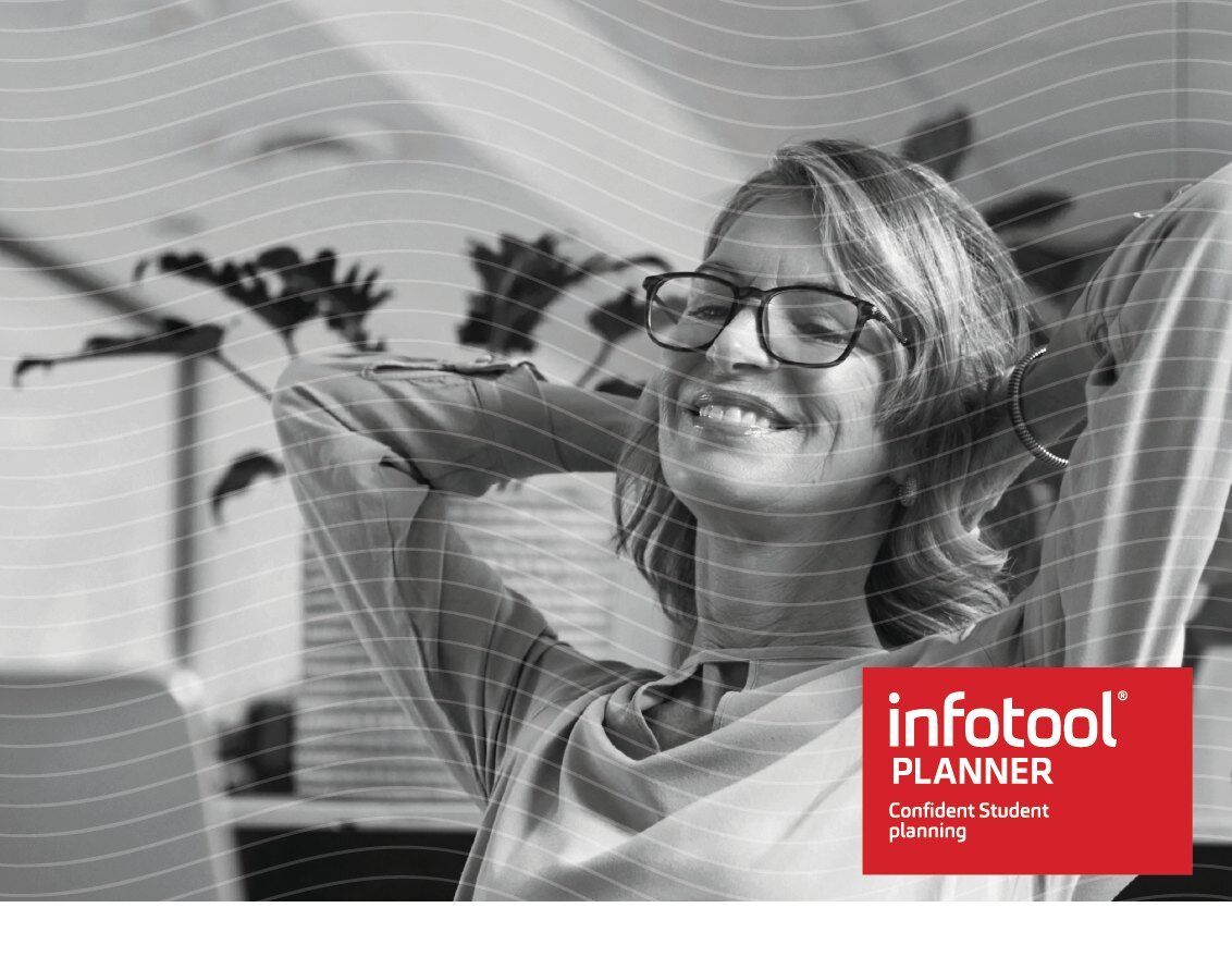 Kvinna som lutar sig tillbaka nöjd vid skrivbordet – Infotool Planner